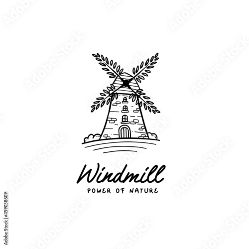 Windmill power of nature logo icon building landmark with leaves propeller