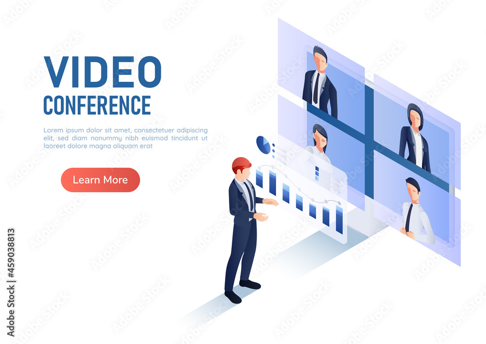 Isometric Web Banner Businessman Discussing Financial Analysis Chart While Video Conference