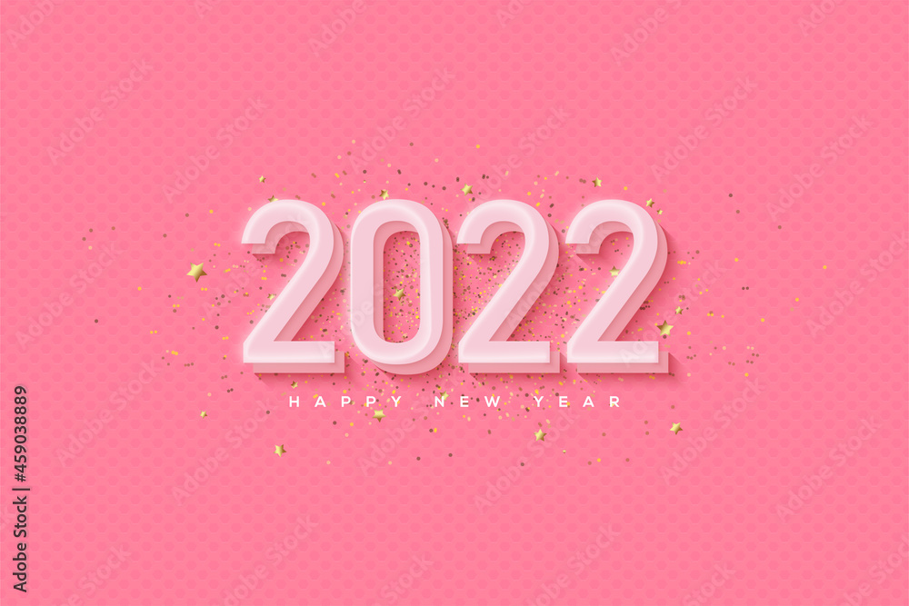 2022 happy new year with white writing on pink background.