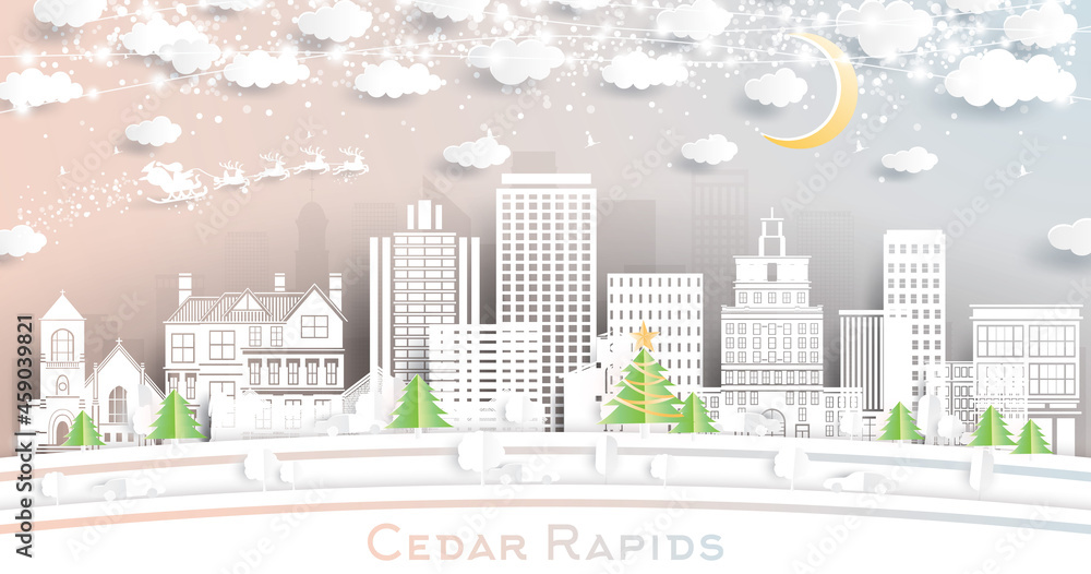 Cedar Rapids Iowa City Skyline in Paper Cut Style with Snowflakes, Moon and Neon Garland.