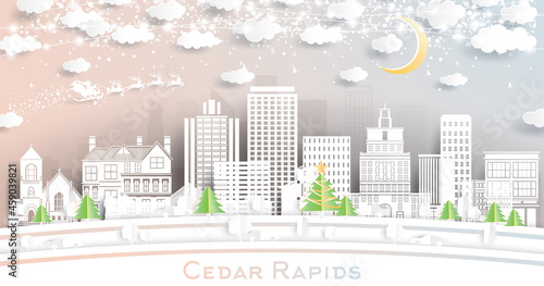 Cedar Rapids Iowa City Skyline in Paper Cut Style with Snowflakes  Moon and Neon Garland.