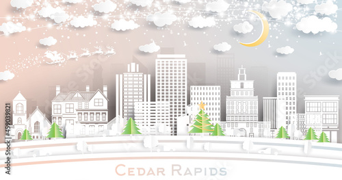 Cedar Rapids Iowa City Skyline in Paper Cut Style with Snowflakes, Moon and Neon Garland.
