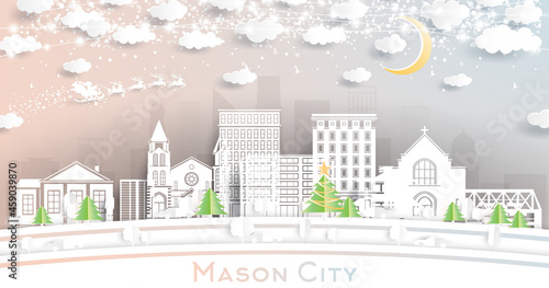 Mason City Iowa City Skyline in Paper Cut Style with Snowflakes  Moon and Neon Garland.