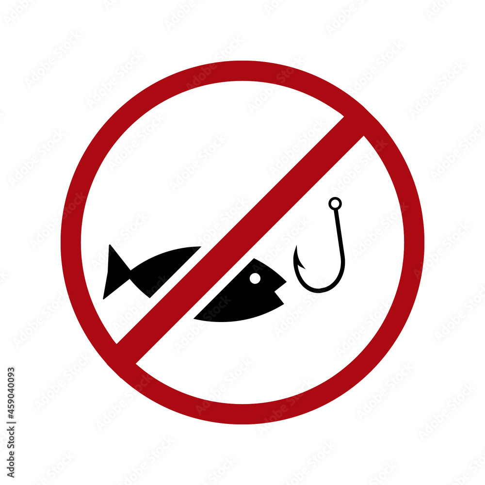 No Fishing sign with texts in rectangular frames. Illustration style is a flat iconic symbol inside red crossed circle on a white background. No Fishing sign with texts in rectangular frames. Illustration style is a flat iconic symbol inside red crossed circle on a white background.