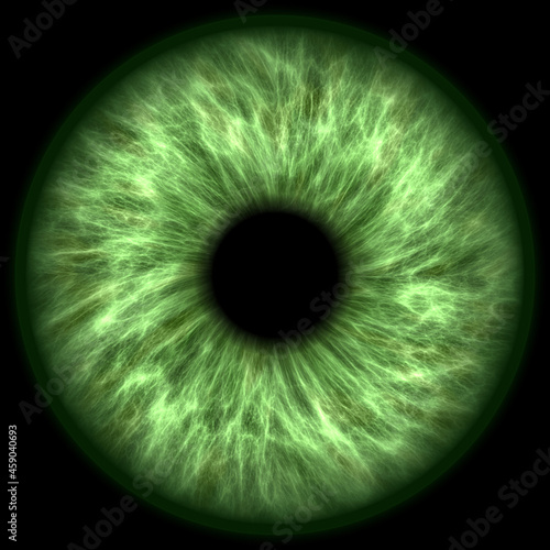 Illustration of a dark green human iris on black background. Digital artwork creative graphic design.