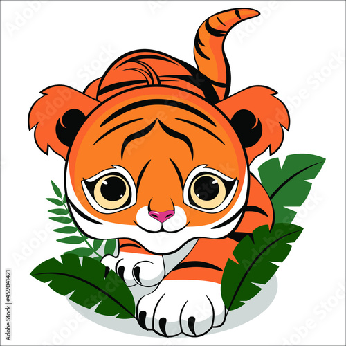 A small tiger crawls, hunts. Vector illustration