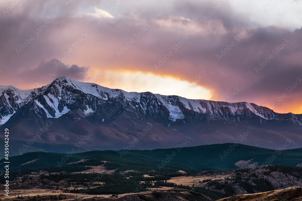 Mountain landscape at sunset. Kosh-Agachsky district of the Altai Republic, Russia