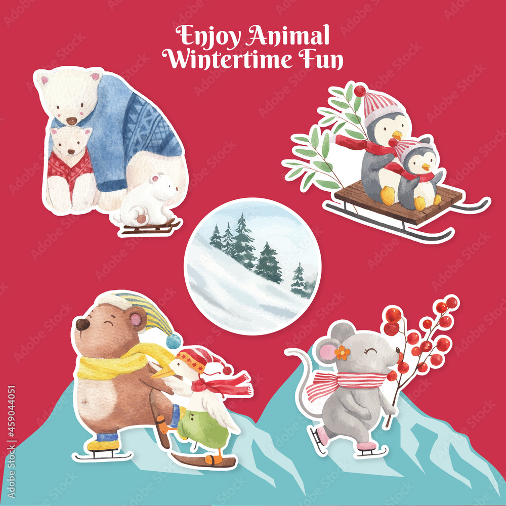 Fototapeta premium Sticker with animal enjoy winter concept,watercolor style