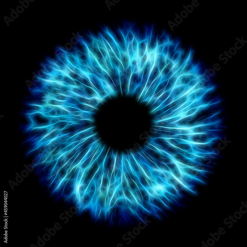 Illustration of a blue electrify human iris on black background. Digital artwork creative graphic design. photo