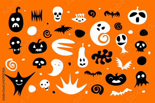 Happy Halloween set. Hand-drawn Black white ghost, pumpkin, skeleton, skulls on orange background. Cute scary horror characters banner for fall holidays, Day of the Dead. Vector cartoon illustration