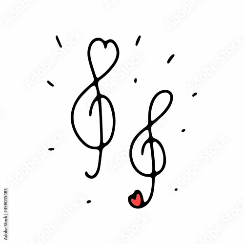 Doodle Valentines cute red musical signs. Hand-drawn love sound symbol on white background. Outline Note, treble clef in the shape of a heart. Wedding, feeling, song image. Vector music illustration