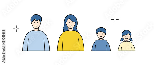 4人家族のシンプルなイラスト　親子　子ども　兄妹　ライフスタイル　家庭　アイコン　