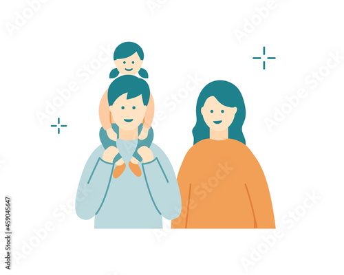 娘を肩車するお父さんとお母さんのイラスト　家族　シンプル　幸せ　親子　子ども　ライフスタイル