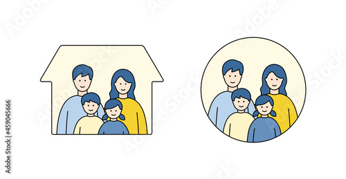 4人家族のシンプルなイラスト　親子　兄妹　家　丸　子ども　娘　息子　両親　ライフスタイル