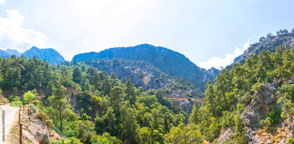Panoramic view of Goynuk Canyon in Kemer Antalya Turkey. Canyons in Turkey. Travel destinations in Antalya.
