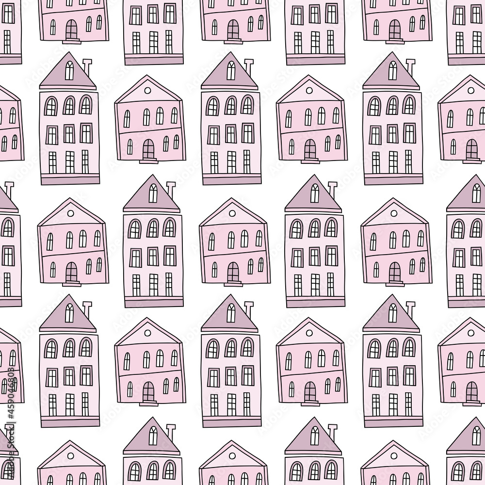 Seamless pattern of hand drawn cute houses. Vector seamless background.