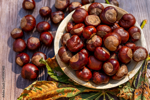 Chestnuts in a plate with dry leaves on a brown wooden table. Autumn still life with bright horse chestnuts on wooden background