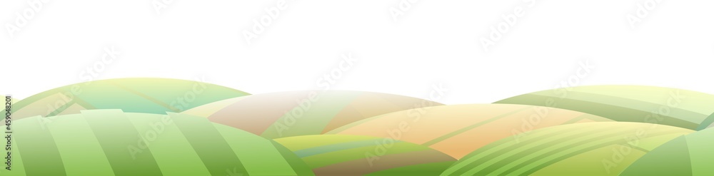 Rural landscape with garden farmer hills. Cute funny cartoon design. Horizontally background seamless illustration. Flat pretty style. Isolated Vector.
