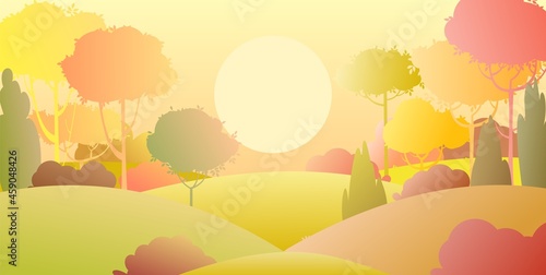 Silhouette autumn landscape. Beautiful scenic plant. Sunset. Cartoon style. Hills with grass and trees. Cool romantic pretty. Flat design background illustration. Vector art