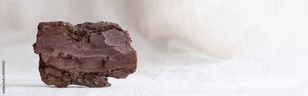 Obraz premium natural background for eco products. Linen, bark tree, green and dry plant, podium