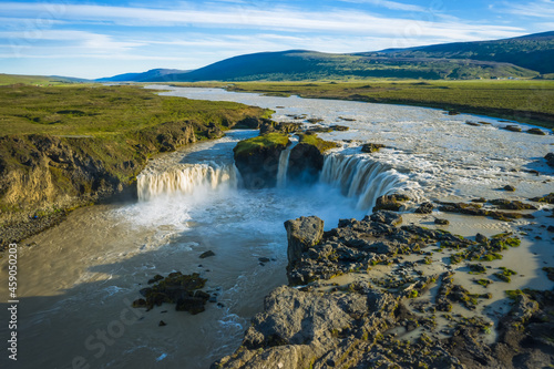 The aerial view of the beautiful waterfall of Godafoss after rainy days  Iceland in the summer season