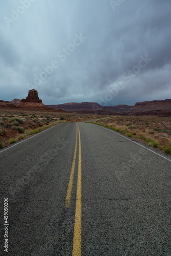 Long road in Utah leading to Hite Marina Campground, vertical photo. 