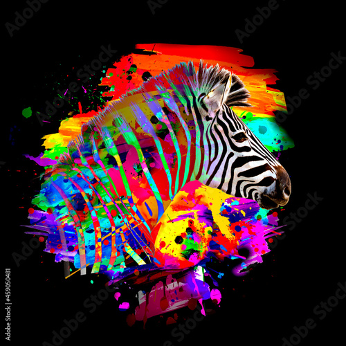 colorful artistic zebra muzzle with bright paint splatters on white background.