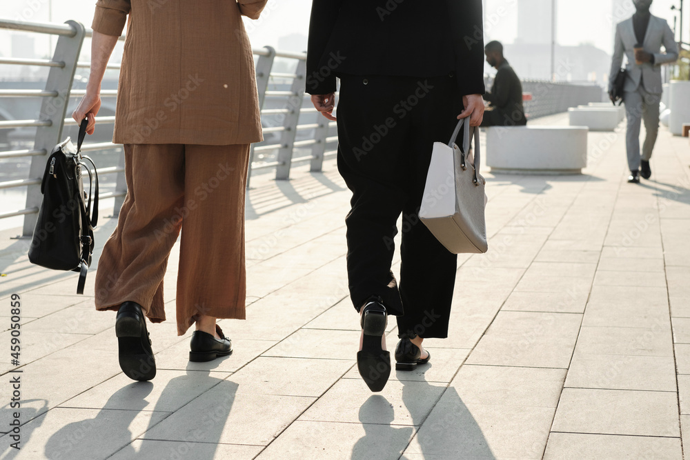 Horizontal back view shot of unrecognizable women wearing elegant formal clothes strolling down street somewhere in modern city Horizontal back view shot of unrecognizable women wearing elegant formal clothes strolling down street somewhere in modern city