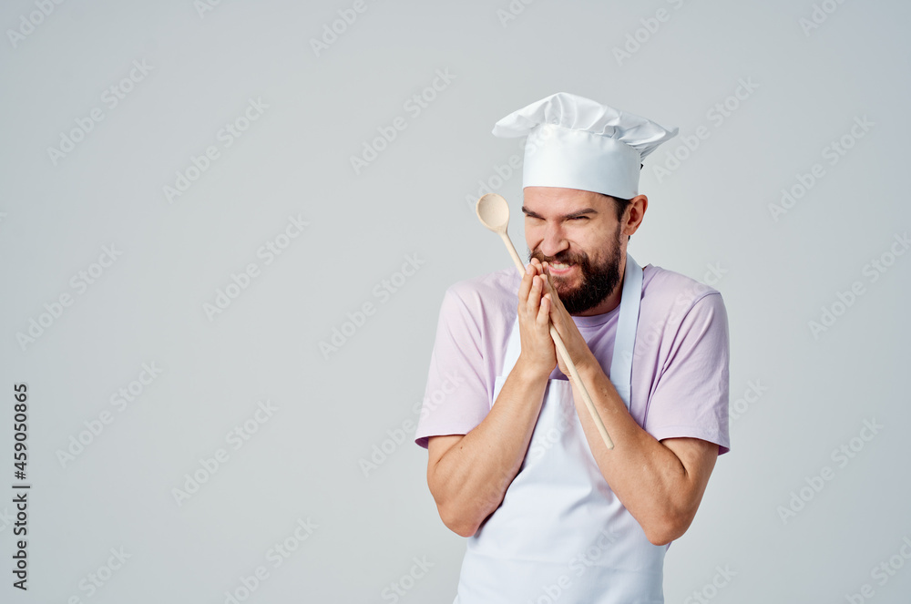 emotional man in chef uniform wooden spoon cooking food work emotional man in chef uniform wooden spoon cooking food work