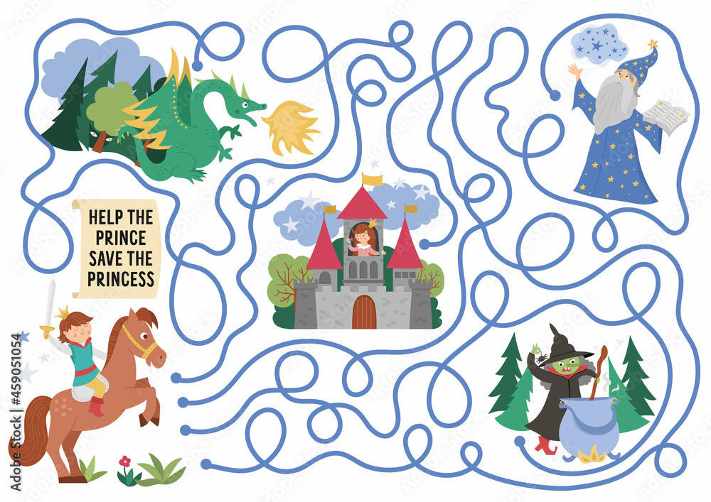 Fairytale maze for kids with fantasy characters. Magic kingdom preschool printable activity with witch, dragon, stargazer. Fairy tale labyrinth game or puzzle. Help prince save the princess in castle.