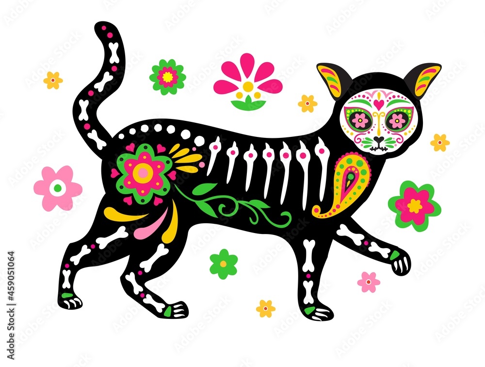 Fototapeta premium Day of the dead, Dia de los muertos, cute cat skull and skeleton decorated with colorful Mexican elements and flowers. Fiesta, Halloween, holiday poster, party flyer. Vector illustration