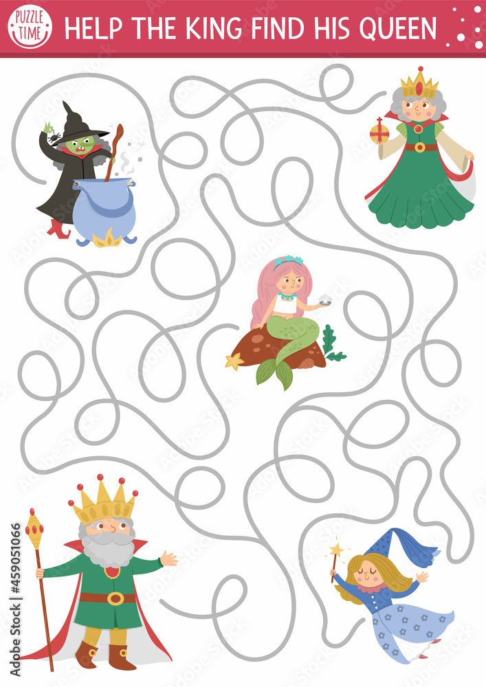 Fairytale maze for kids with fantasy characters. Magic kingdom preschool printable activity with witch, fairy, mermaid. Fairy tale labyrinth game or puzzle. Help the king find his queen.