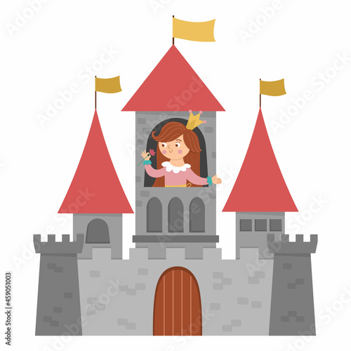 Vector castle with princess icon isolated on white background. Medieval stone palace with towers, flags, gates. Fairy tale king house illustration.