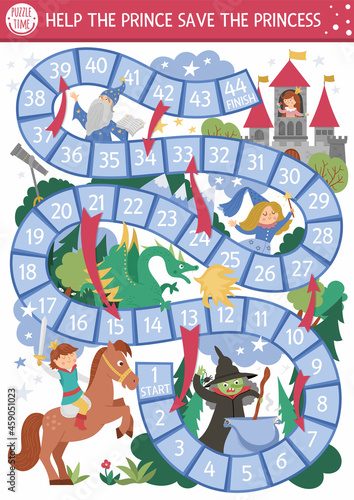 Fairytale dice board game for children with castle, witch, dragon, stargazer. Magic kingdom boardgame.  Fairy tale activity or printable worksheet for kids. Help the prince save the princess.