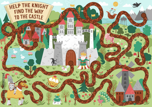Fairytale maze for kids with medieval village landscape. Magic kingdom preschool printable activity. Fairy tale labyrinth game or puzzle. Help the knight find the way to the castle.
