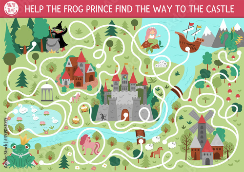 Fairytale maze for kids with medieval village landscape map. Magic kingdom preschool printable activity. Fairy tale labyrinth game or puzzle. Help the frog prince find the way to the castle.