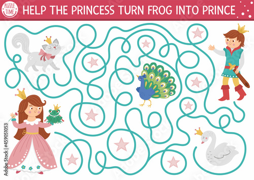 Fairytale maze for kids with fantasy characters. Magic kingdom preschool printable activity with swan, peacock, cat, crown. Fairy tale labyrinth game or puzzle. Help princess turn frog into prince.