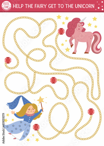 Fairytale maze for kids with fantasy characters. Magic kingdom preschool printable activity with gems, precious stones, golden chain. Fairy tale labyrinth game or puzzle. Help fairy get to unicorn.