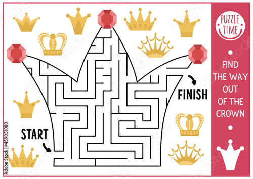Fairytale maze for children. Magic kingdom preschool printable activity. Fairy tale geometric labyrinth game or puzzle shaped like crown. King themed page for kids. Find the way out of the crown.