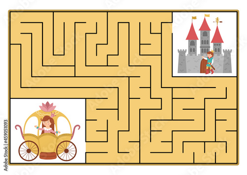 Fairytale maze for kids with fantasy characters. Magic kingdom preschool printable activity with carriage and castle. Fairy tale geometric labyrinth game or puzzle. Help princess get to prince.