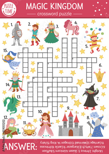 Vector fairytale crossword puzzle for kids. Simple magic kingdom quiz with fantasy creatures for children. Educational activity with knight, castle, princess, unicorn. Fairy tale cross word.