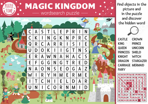 Vector fairytale wordsearch puzzle for kids. Simple magic kingdom crossword with fantasy creatures for children. Activity with knight, castle, princess, unicorn. Fairy tale cross word.