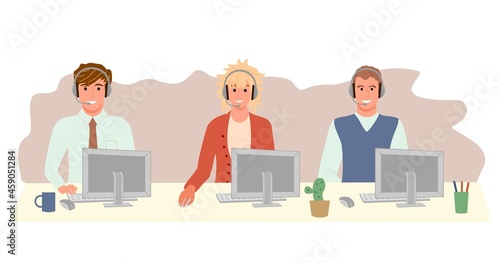 Call Center agents. Call center, hotline flat vector illustrations. Smiling office workers with headsets cartoon characters. Customer support department staff, telemarketing agents.