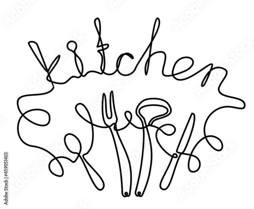 Kitchen. Phrase handwritten by one line. Monoline vector text element isolated on white background.