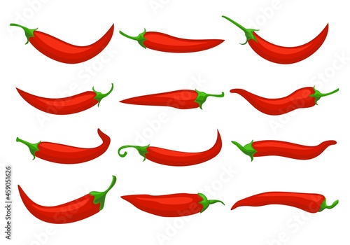 Hot red chili peppers. Closeup chilly pepper, cartoon mexican chilli or chillies illustration, vectors paprika icon signs isolated on white background. Peppers icons