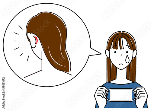 スキンケア マスクの着用が原因で耳の後ろ側が傷ついてしまい痛い女性 イラスト シンプル ベクター
