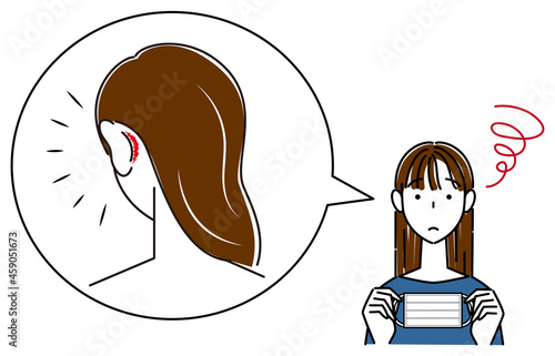 スキンケア マスクの着用が原因で耳の後ろ側が傷ついてしまい痛い女性 イラスト シンプル ベクター