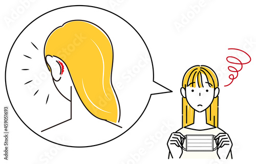 スキンケア マスクの着用が原因で耳の後ろ側が傷ついてしまい痛い女性 イラスト シンプル ベクター