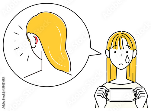 スキンケア マスクの着用が原因で耳の後ろ側が傷ついてしまい痛い女性 イラスト シンプル ベクター
