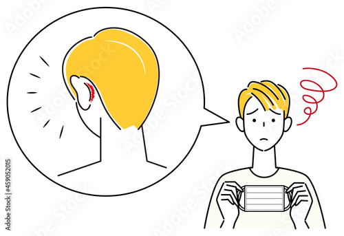 スキンケア マスクの着用が原因で耳の後ろ側が傷ついてしまい痛い男性 イラスト シンプル ベクター